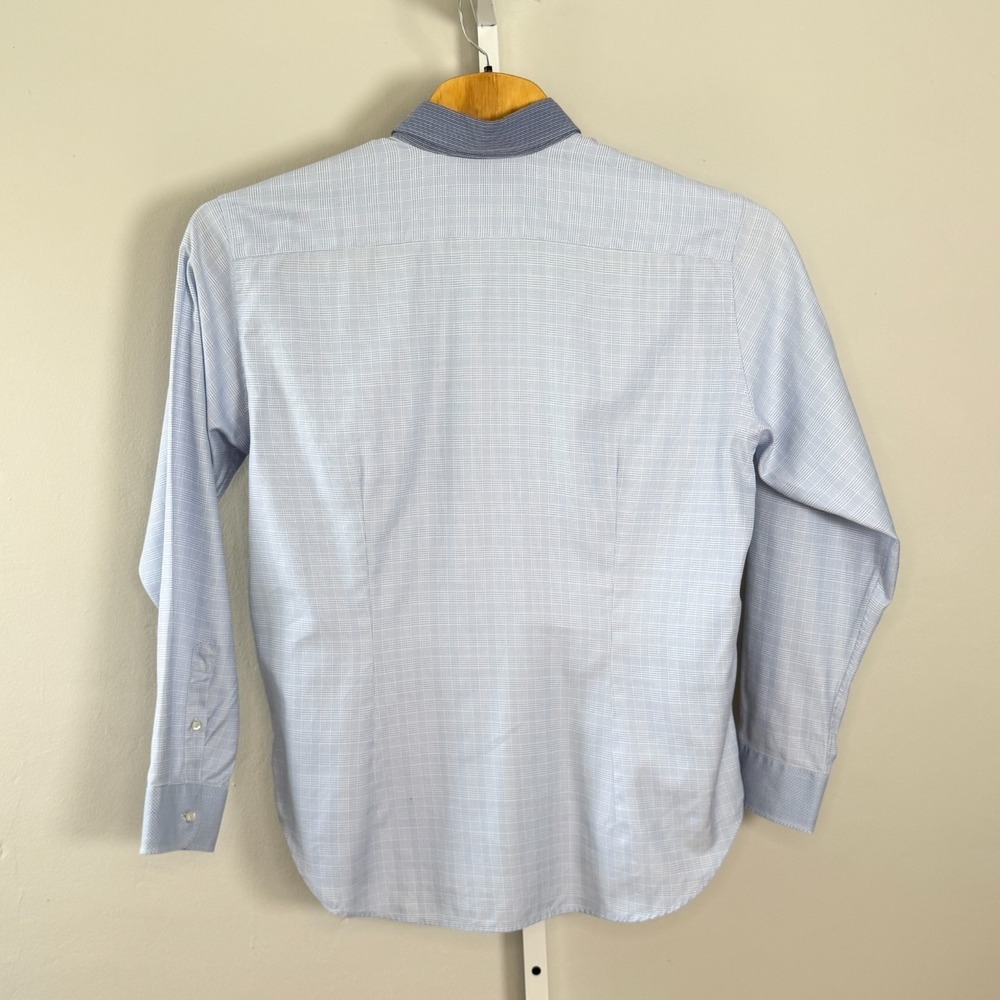 ETRO‎ Luxury Dress Shirt 46 Blue Textured Micro-Check Contrast Spread Collar - Picture 7 of 12